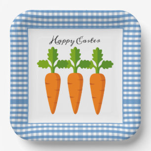 Prettig Pasen Blauw Gingham met Wortelontwerp  Papieren Bordje
