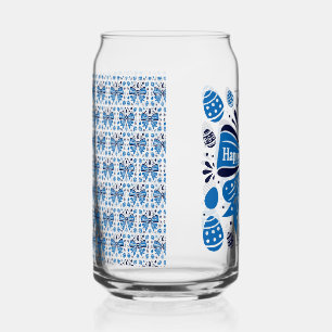 Prettig Pasen Blauwe Strik Folk Art Konijn & Eiere Blikvorm Glas