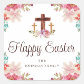 Prettig Pasen Bloemrijke Waterverf Religieus Kruis Vierkante Sticker (Voorkant)