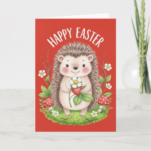 Prettig Pasen Cute Egel Met Aardbei Kaart (Voorkant)