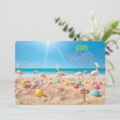 Prettig Pasen Flamingo Paaseierenjacht op Strand Feestdagenkaart (Staand voorkant)