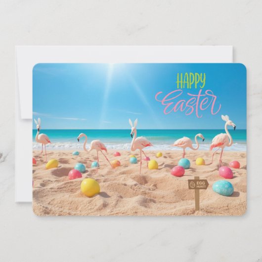 Prettig Pasen Flamingo Paaseierenjacht op Strand Feestdagenkaart (Voorkant)