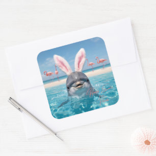 Prettig Pasen Florida Strand Flamingo's en Dolfijn Vierkante Sticker