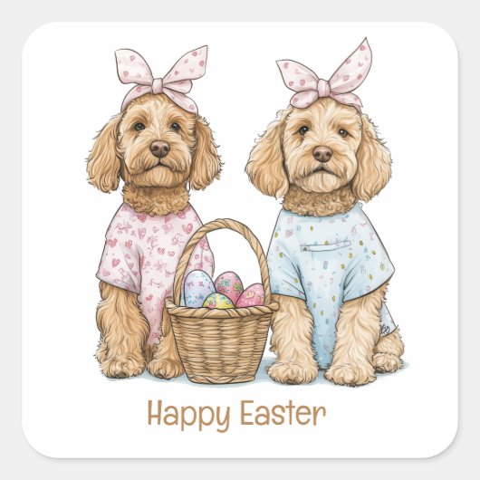 Prettig Pasen Goldendoodle Honden Vierkante Sticker (Voorkant)