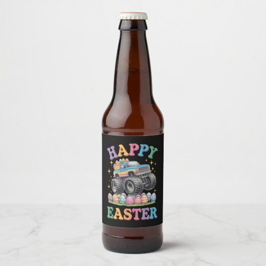 Prettig Pasen Grappige Monster Truck Verplettert E Bier Etiket (Voorkant)