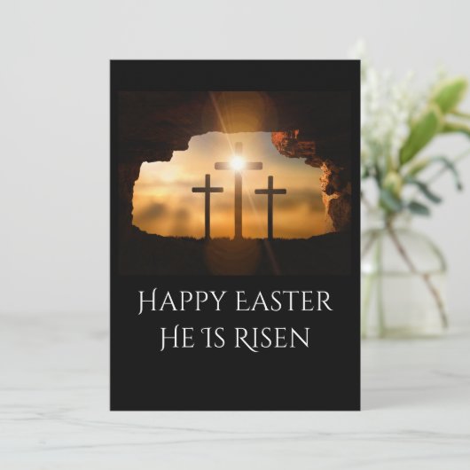 Prettig Pasen Hij is Opgewekt Drie Kruizen  Feestdagenkaart (Staand voorkant)