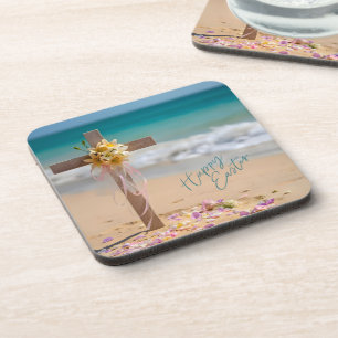 Prettig Pasen Houten Kruis en Lelies op Strand Bier Onderzetter