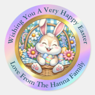 Prettig Pasen I Cute Konijn in Mand Cadeau Ronde Sticker