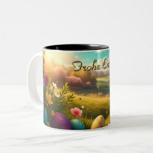 Prettig Pasen in een lentelandschap Tweekleurige Koffiemok