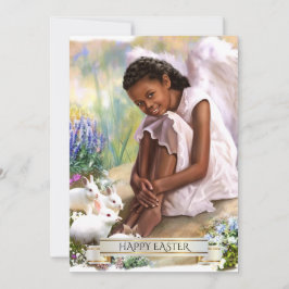 Prettig Pasen. Kleine engel met konijnen plat kaar Feestdagenkaart