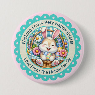 Prettig Pasen, Knuffel Konijn & Bloemstuk Cadeaus Ronde Button 7,6 Cm