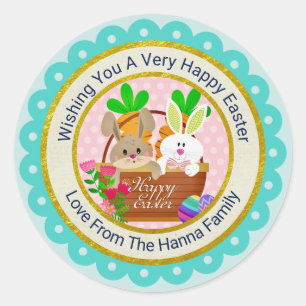 Prettig Pasen, Knuffel Konijn Mand & Kleurrijke Ei Ronde Sticker