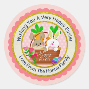 Prettig Pasen, Knuffel Konijn Mand & Kleurrijke Ei Ronde Sticker
