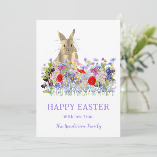 Prettig Pasen Knuffelkonijn en Veldbloemen Feestdagenkaart (Staand voorkant)