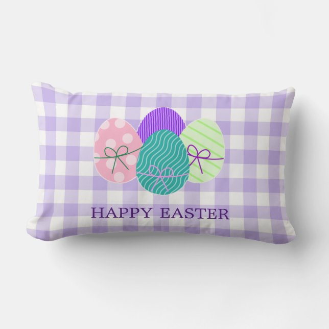 Prettig Pasen Landelijk Lavendel Gingham Patroon Kussen (Voorkant)