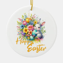 Prettig Pasen lente bloem met knuffel konijn Keramisch Ornament