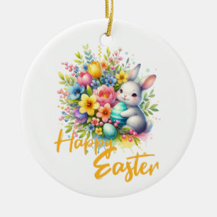 Prettig Pasen lente bloem met knuffel konijn Keramisch Ornament