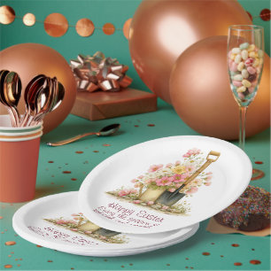 Prettig Pasen Lenteroze en Gele Bloemen Spade Papieren Bordje