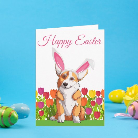 Prettig Pasen Lieve Corgi Konijnenoren Bloemen Kaart