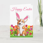 Prettig Pasen Lieve Corgi Konijnenoren Bloemen Kaart (Voorkant)