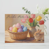 Prettig Pasen met gekleurde eieren en tulpen (Staand voorkant)
