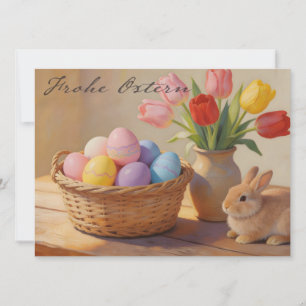 Prettig Pasen met gekleurde eieren en tulpen