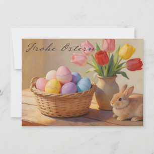 Prettig Pasen met gekleurde eieren en tulpen