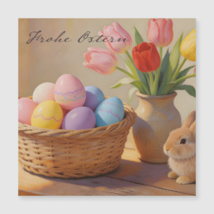 Prettig Pasen met gekleurde eieren en tulpen