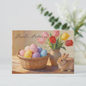 Prettig Pasen met gekleurde eieren en tulpen (Staand voorkant)