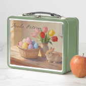 Prettig Pasen met gekleurde eieren en tulpen (In situ)
