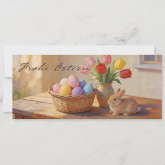 Prettig Pasen met gekleurde eieren en tulpen