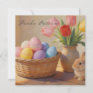 Prettig Pasen met gekleurde eieren en tulpen Notitiekaartje