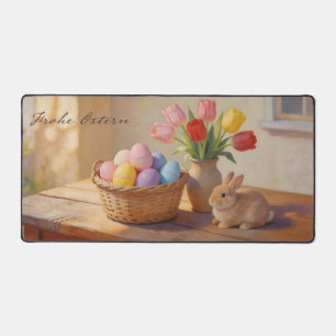 Prettig Pasen met kleurrijke eieren en tulpen Bureaumat