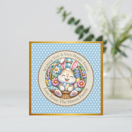 Prettig Pasen Met Knuffel Konijn, Eieren, en Bloem Kaart (Staand voorkant)