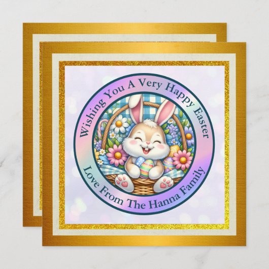 Prettig Pasen Met Knuffel Konijn, Eieren, en Bloem Kaart (Voorkant / Achterkant)