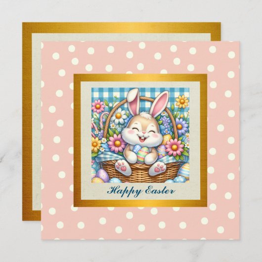 Prettig Pasen met Knuffel Konijn, Eieren, en Bloem Kaart (Voorkant / Achterkant)