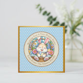 Prettig Pasen met knuffelkonijn, eieren en bloemen Kaart (Staand voorkant)