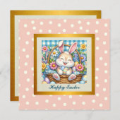 Prettig Pasen met knuffelkonijn, eieren en bloemen Kaart (Voorkant / Achterkant)