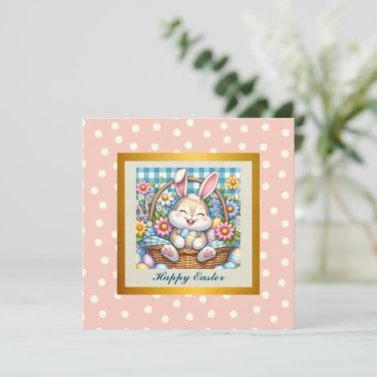 Prettig Pasen met knuffelkonijn, eieren en bloemen Kaart (Staand voorkant)