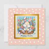 Prettig Pasen met knuffelkonijn, eieren en bloemen Kaart (Voorkant)