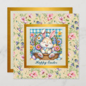 Prettig Pasen met knuffelkonijn, eieren en bloemen Kaart (Voorkant / Achterkant)