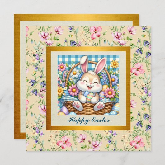 Prettig Pasen met knuffelkonijn, eieren en bloemen Kaart (Voorkant / Achterkant)