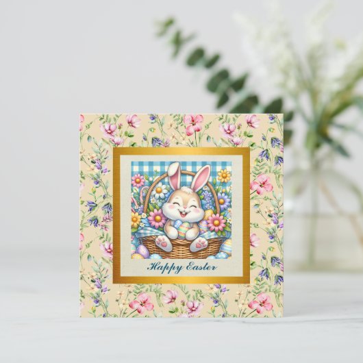 Prettig Pasen met knuffelkonijn, eieren en bloemen Kaart (Staand voorkant)