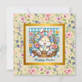 Prettig Pasen met knuffelkonijn, eieren en bloemen Kaart (Voorkant)