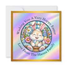 Prettig Pasen met knuffelkonijn, eieren en bloemen