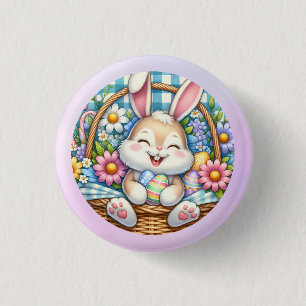 Prettig Pasen met knuffelkonijn, eieren en bloemen Ronde Button 3,2 Cm