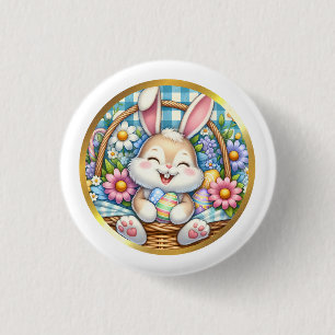 Prettig Pasen met knuffelkonijn, eieren en bloemen Ronde Button 3,2 Cm
