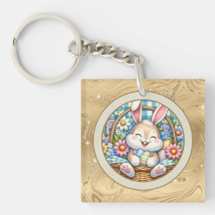 Prettig Pasen met knuffelkonijn, eieren en bloemen Sleutelhanger