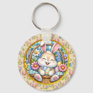 Prettig Pasen met knuffelkonijn, eieren en bloemen Sleutelhanger