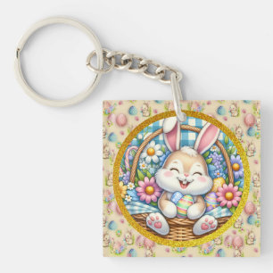 Prettig Pasen met knuffelkonijn, eieren en bloemen Sleutelhanger